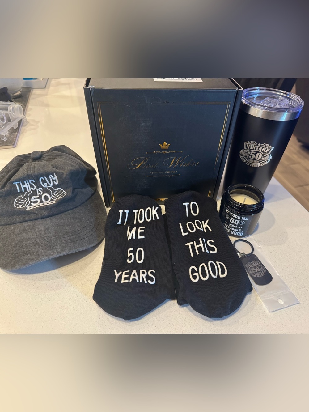 50th Birthday Gift Set - Guy - Thermal cup, Candle, socks, key chain, hat